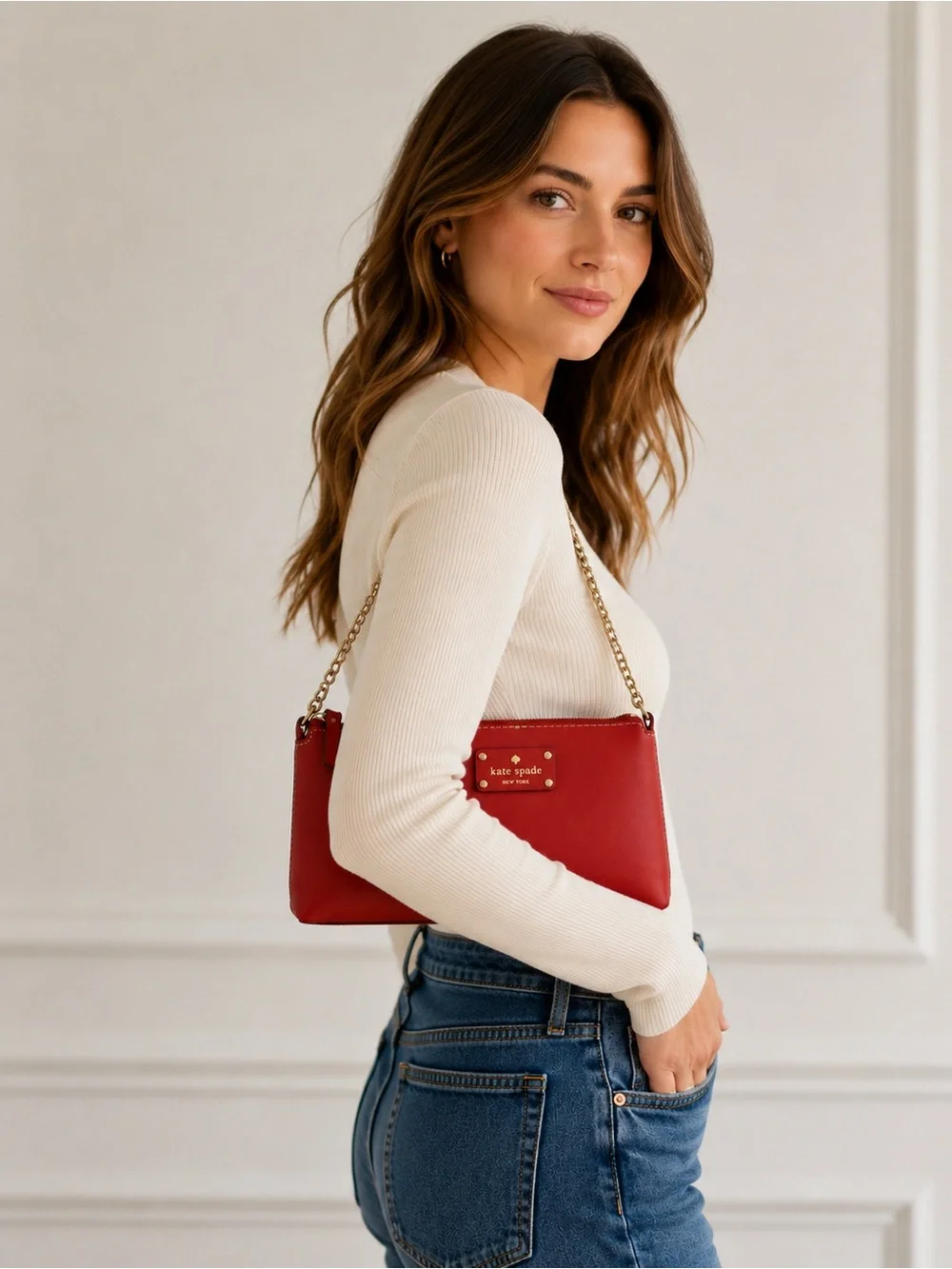 Kate Spade New York Welsley Byrd Red Leather Chain Shoulder Bag